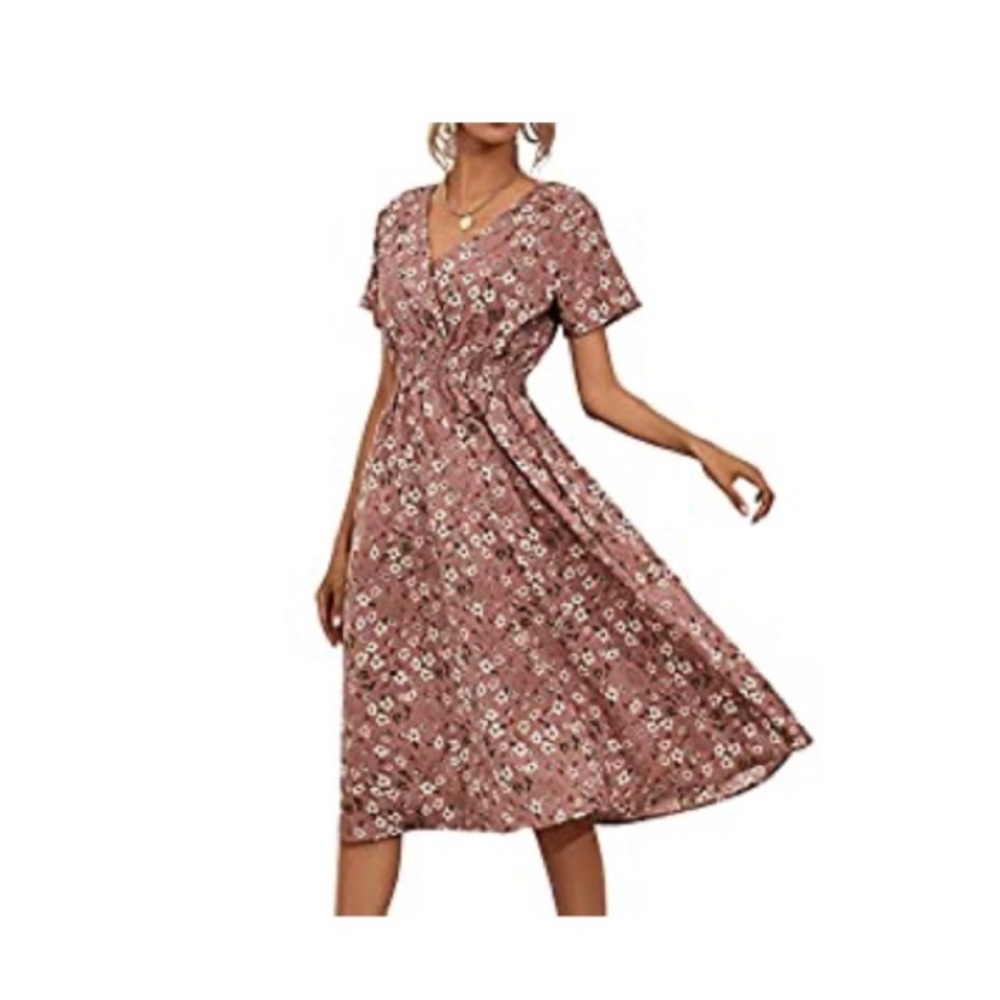 Bubblekiss Women Summer Boho Dress Floral Print Wrap Short Sleeve Midi Flowy